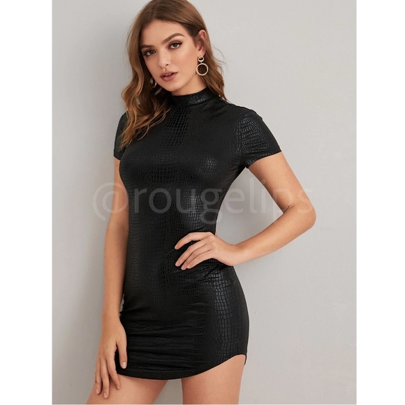 Black Faux Crocodile Reptile Gator Embossed Fitted Mini Dress Short Sleeve - Picture 6 of 7